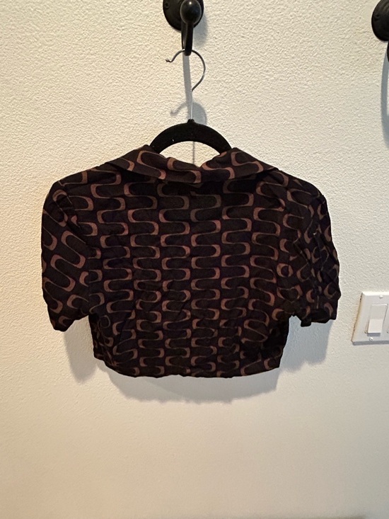 Reformation Crop Top Black Brown Linguini Print Collared Button Up - Picture 3 of 6